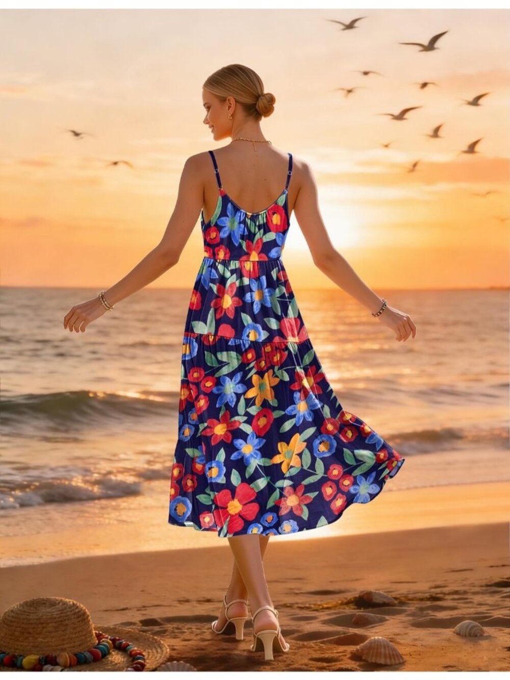 Women's Floral Navy stable Spaghetti Strap Sundress Boho Casual Flow Midi Dress - Picture 5 of 5